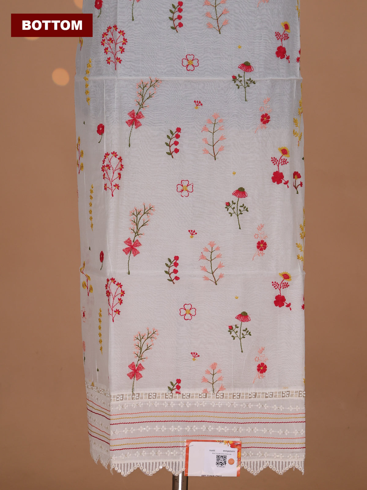 Off White Mul Chanderi Dress Material With Embroidery Work Pattern