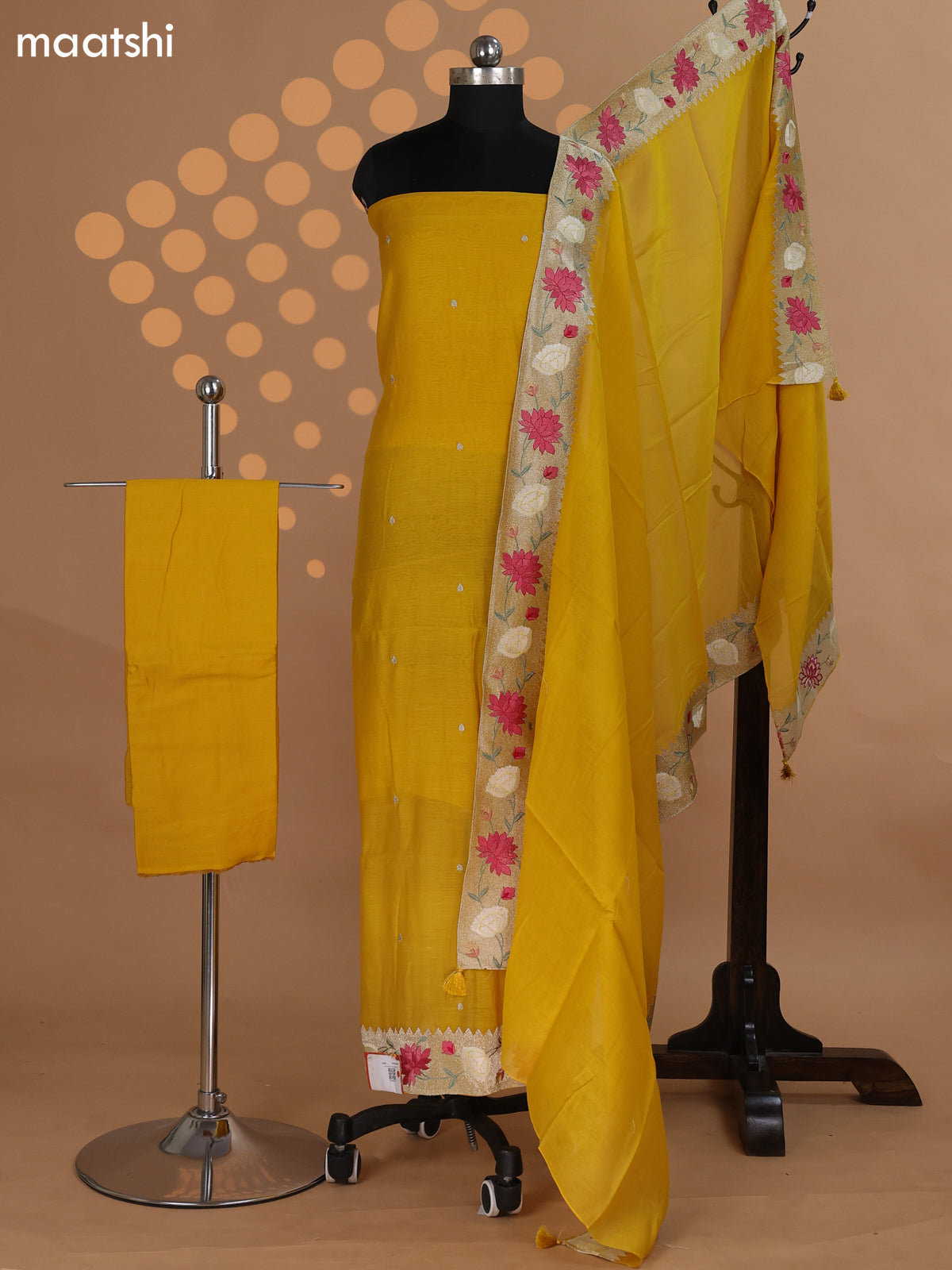 Yellow Mul Chanderi Dress Material With Zari Buttas & Embroidery Work Border