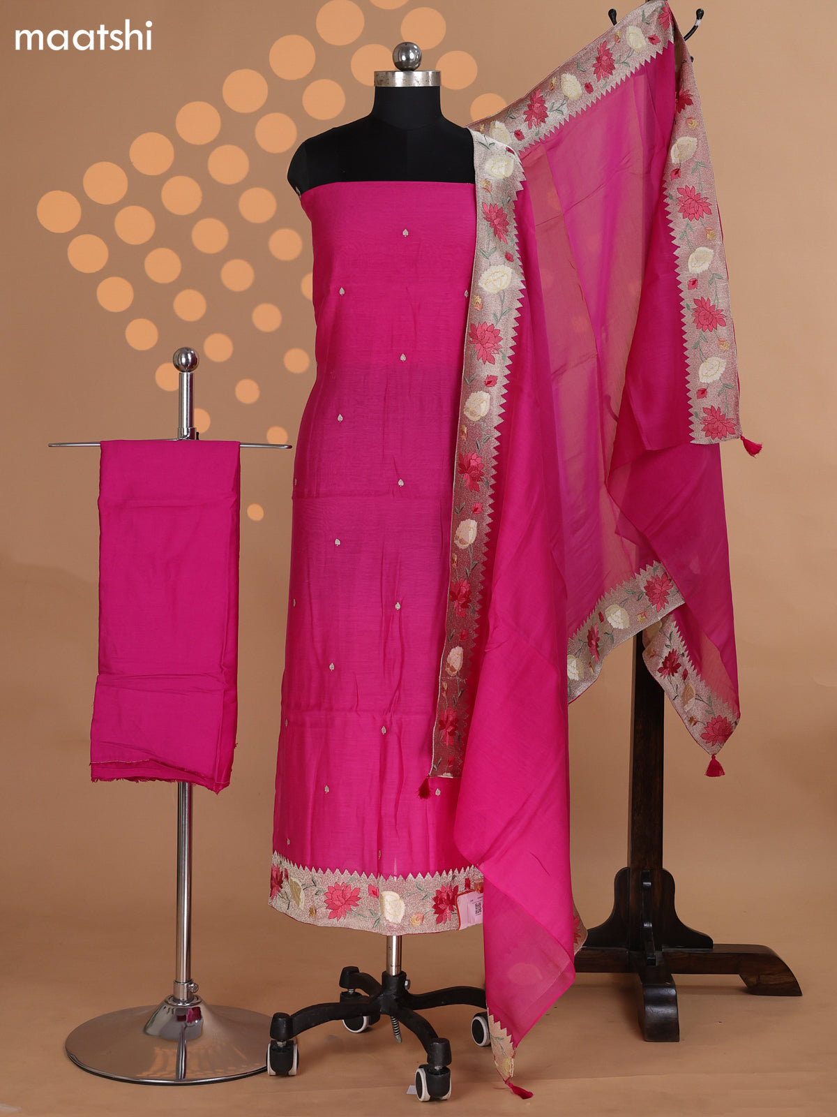 Pink Mul Chanderi Dress Material With Zari Buttas & Embroidery Work Border