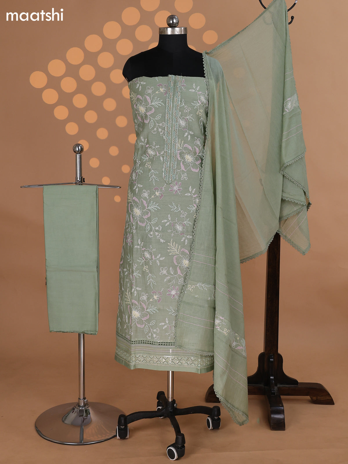 Pastel Green Mul Chanderi Dress Material With Floral Embroidery Work Pattern
