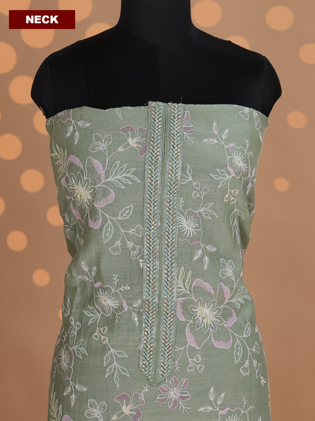 Pastel Green Mul Chanderi Dress Material With Floral Embroidery Work Pattern