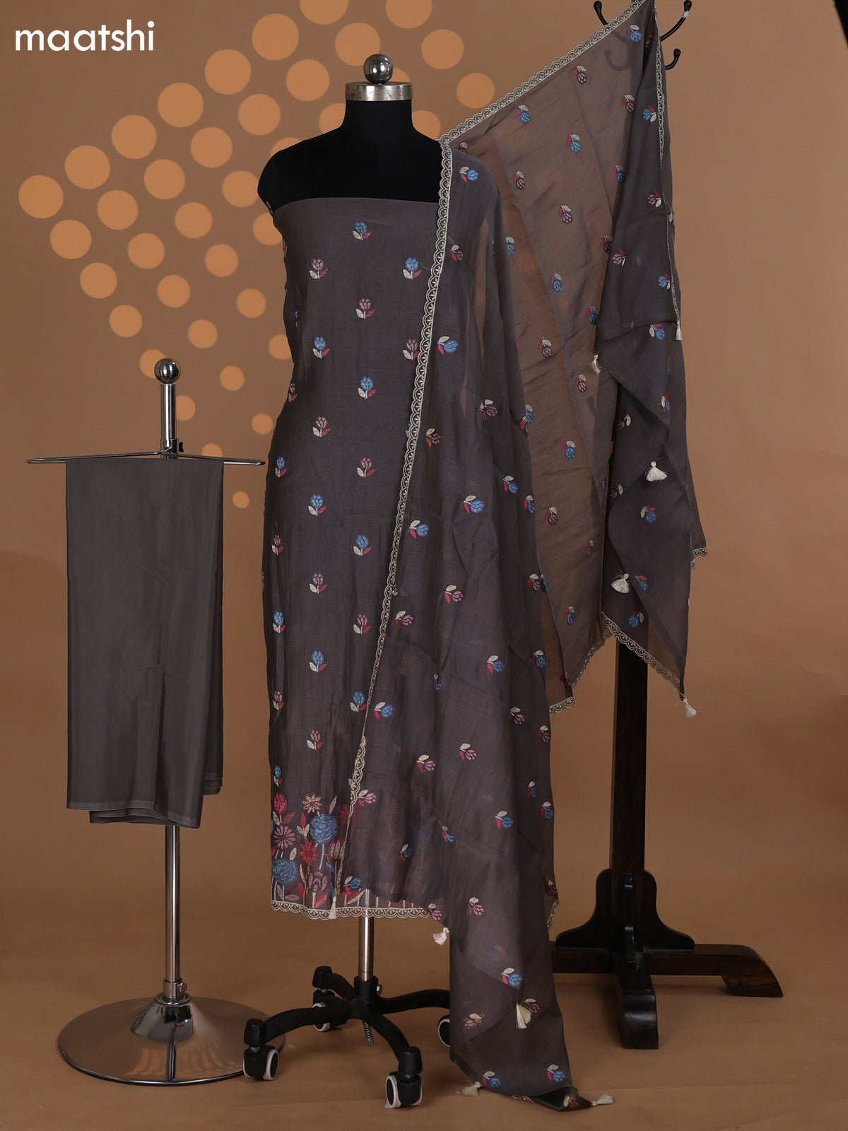 Grey Mul Chanderi Dress Material With Embroidery Work Pattern