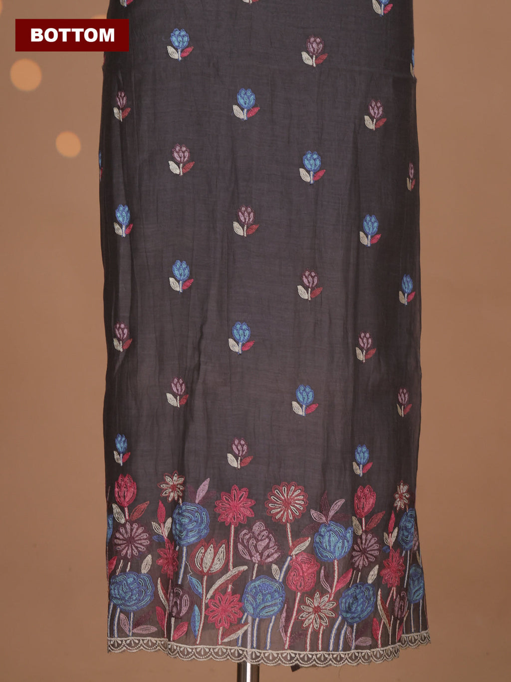 Grey Mul Chanderi Dress Material With Embroidery Work Pattern