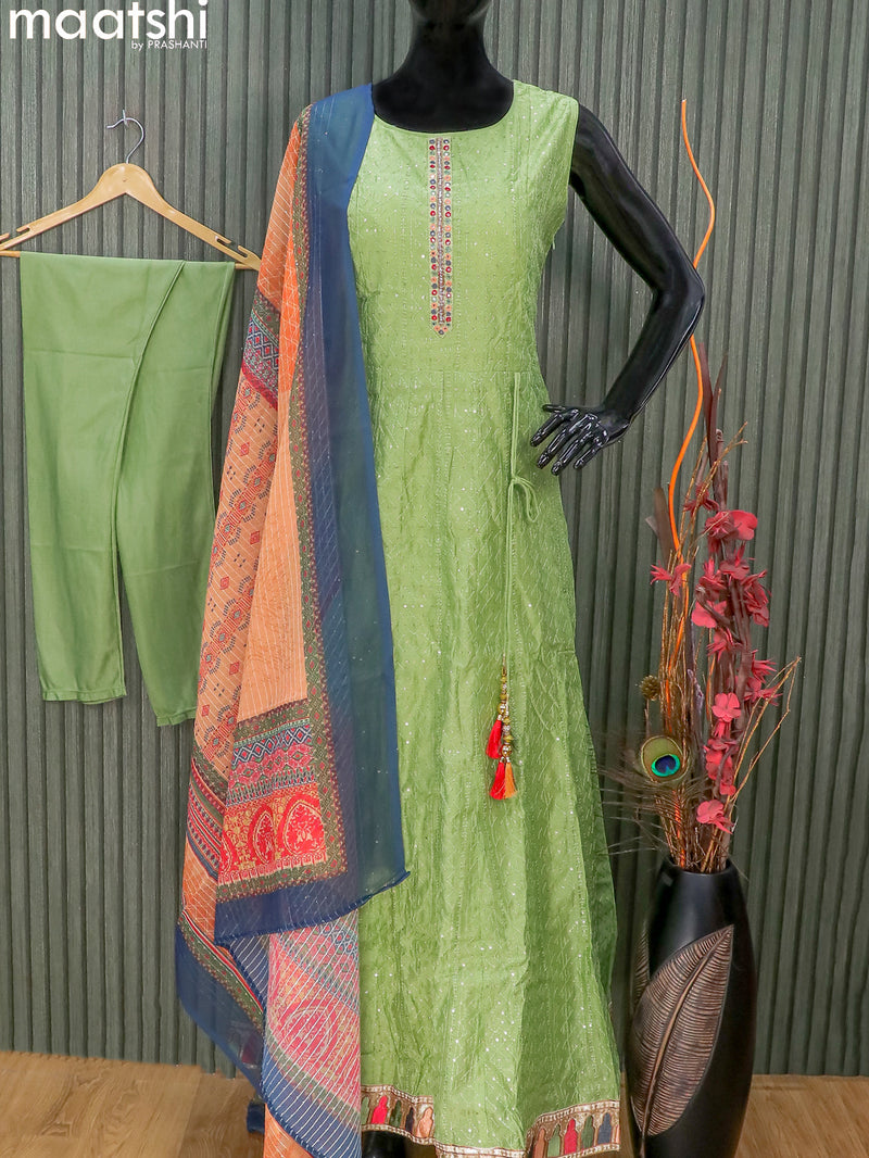 Raw silk readymade anarkali salwar suit light green with allover sequin & embroidery work and straight cut pant & dupatta
