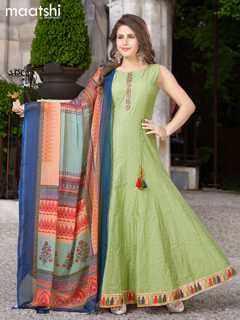 Raw silk readymade anarkali salwar suit light green with allover sequin & embroidery work and straight cut pant & dupatta