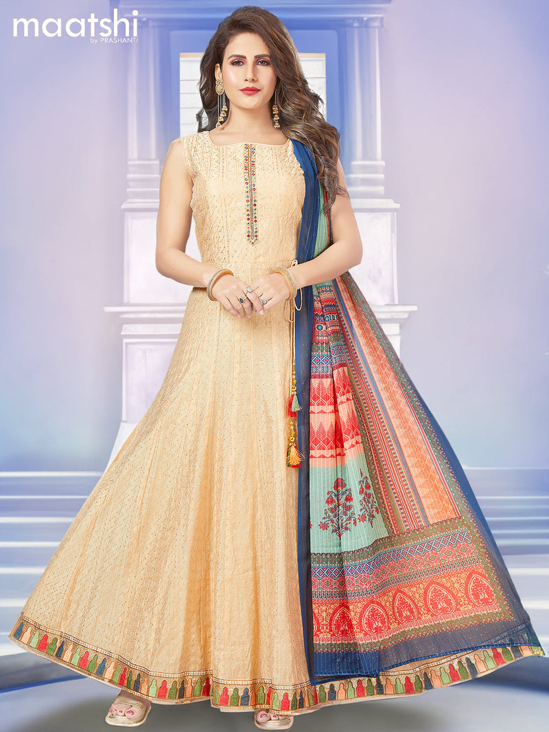 Raw silk readymade anarkali salwar suit peach with allover sequin & embroidery work and straight cut pant & dupatta
