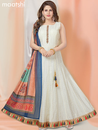Raw silk readymade anarkali salwar suit off white with allover sequin & embroidery work and straight cut pant & dupatta