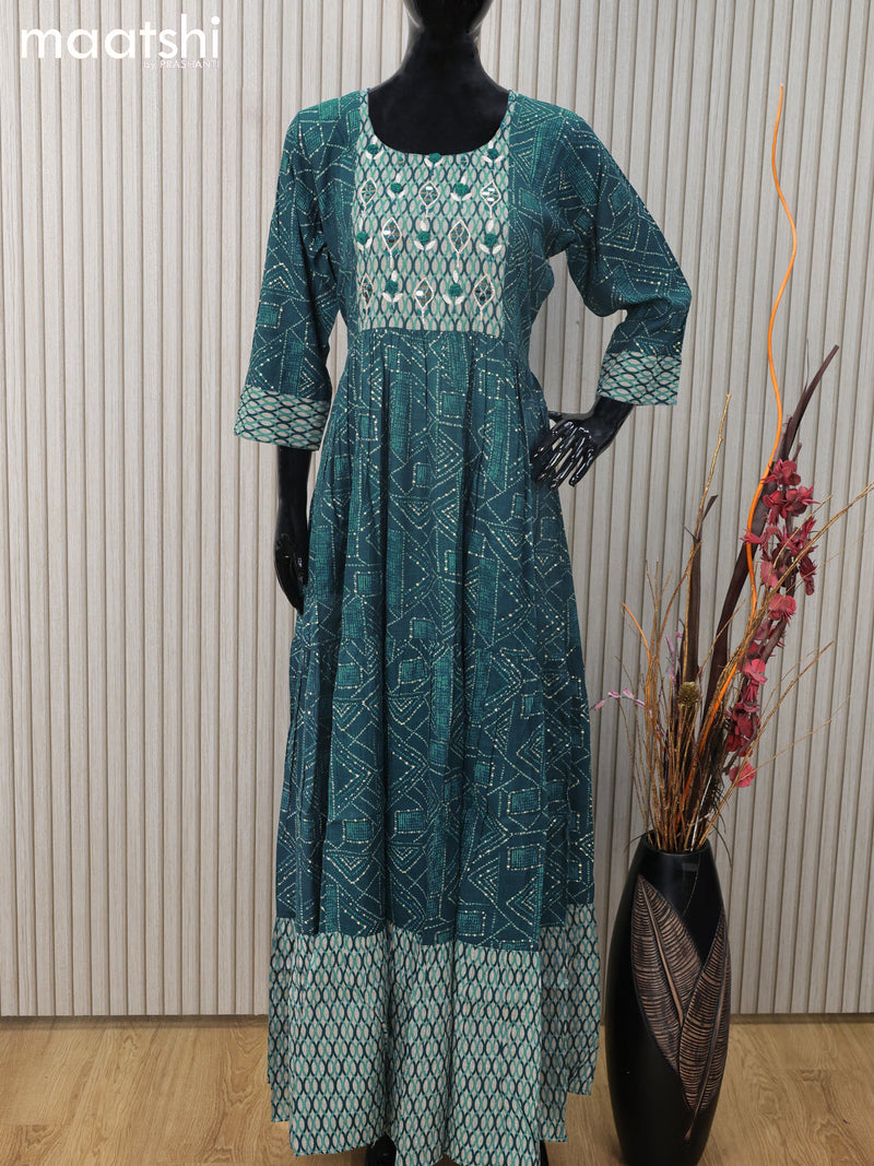 Rayon readymade floor length kurti peacock blue with allover prints & mirror work neck pattern and without pant