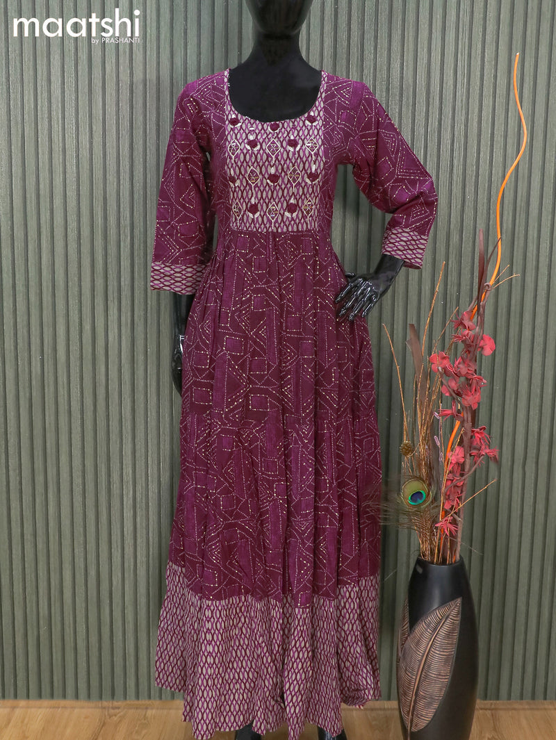 Rayon readymade floor length kurti deep purple with allover prints & mirror work neck pattern and without pant