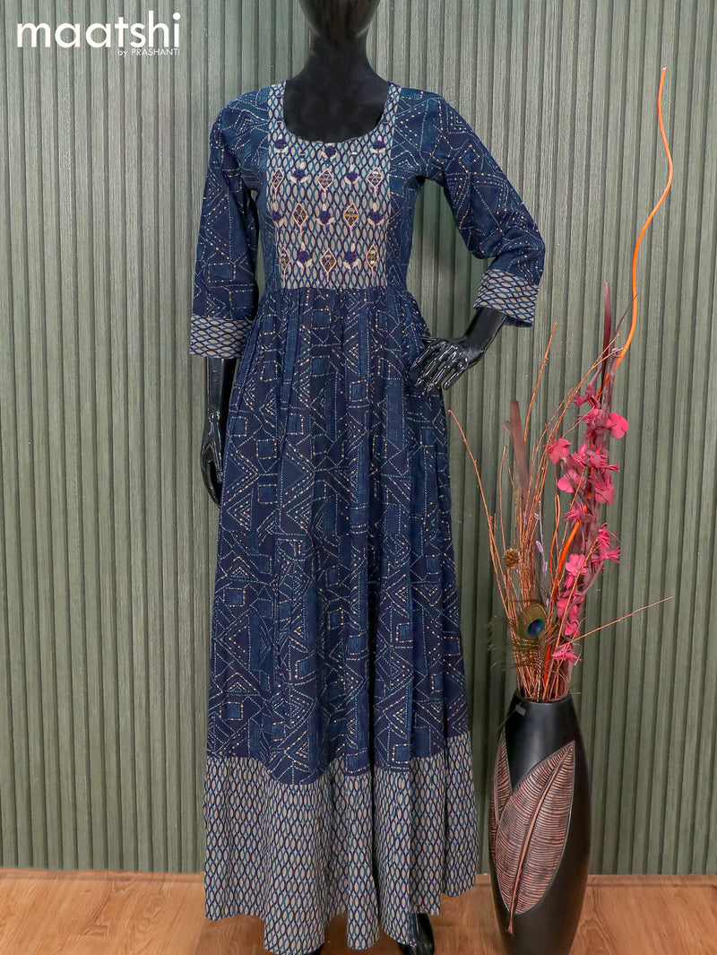 Rayon readymade floor length kurti dark blue with allover prints & mirror work neck pattern and without pant