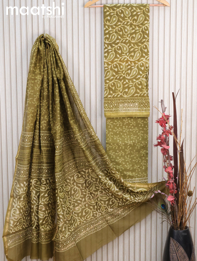 Pure chanderi dress material mehendi green with allover batik prints and small zari woven border