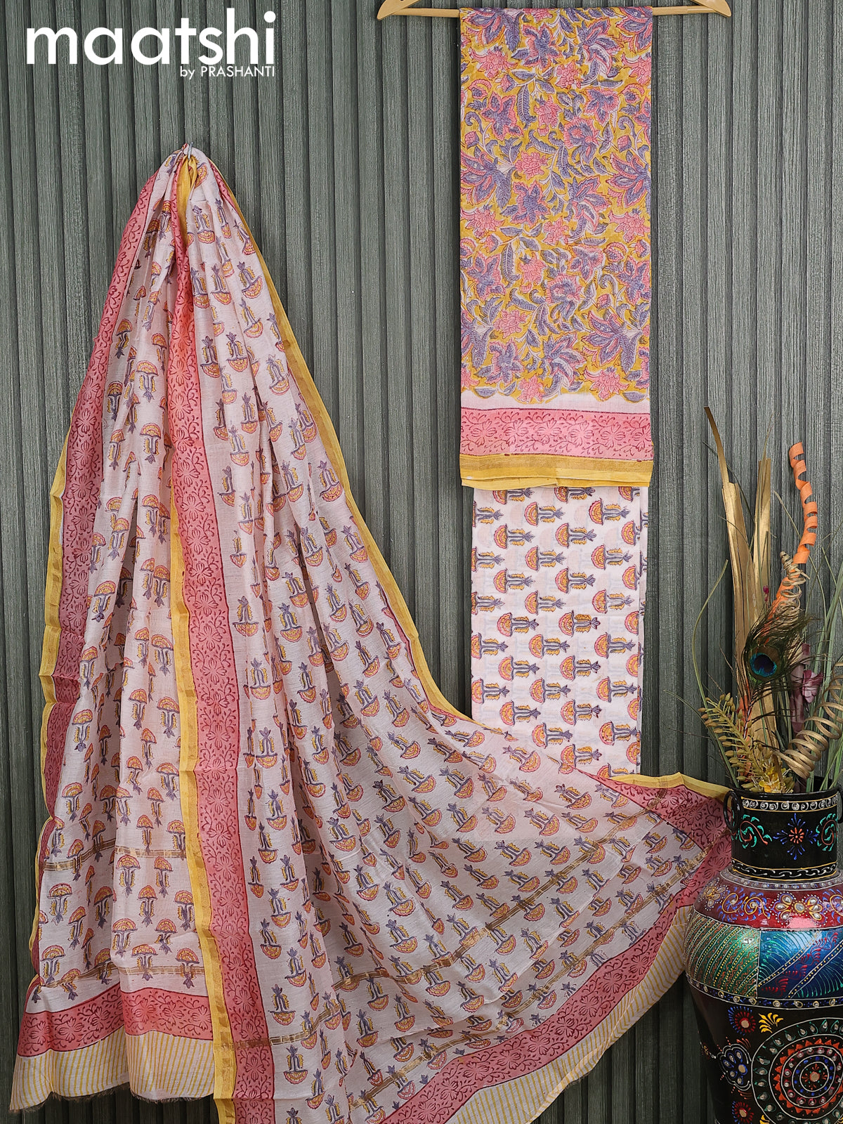 Pure chanderi dress material yellow off white with allover floral prints and small zari woven border