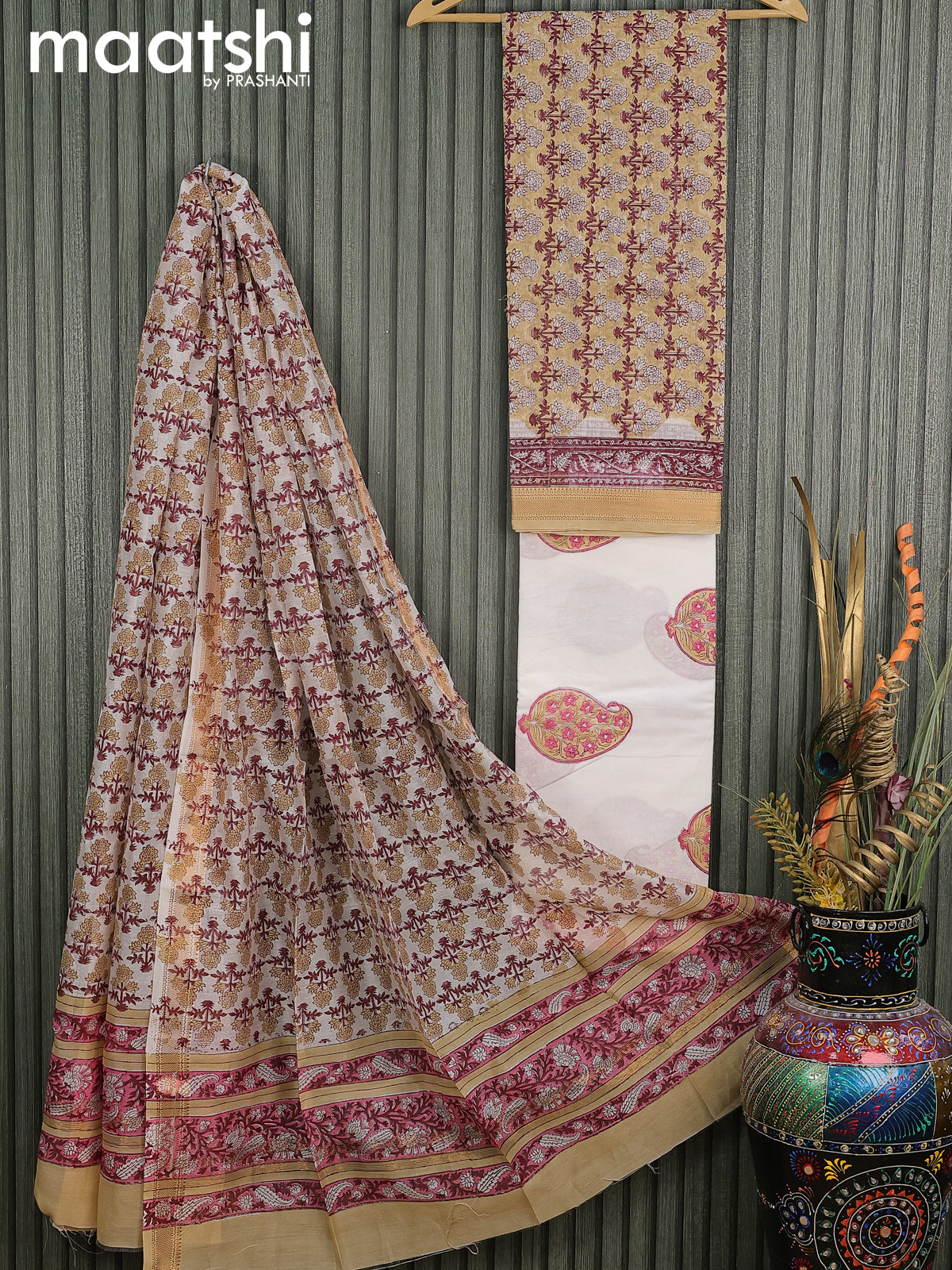 Pure chanderi dress material sandal off white with floral butta prints and maheshwari border