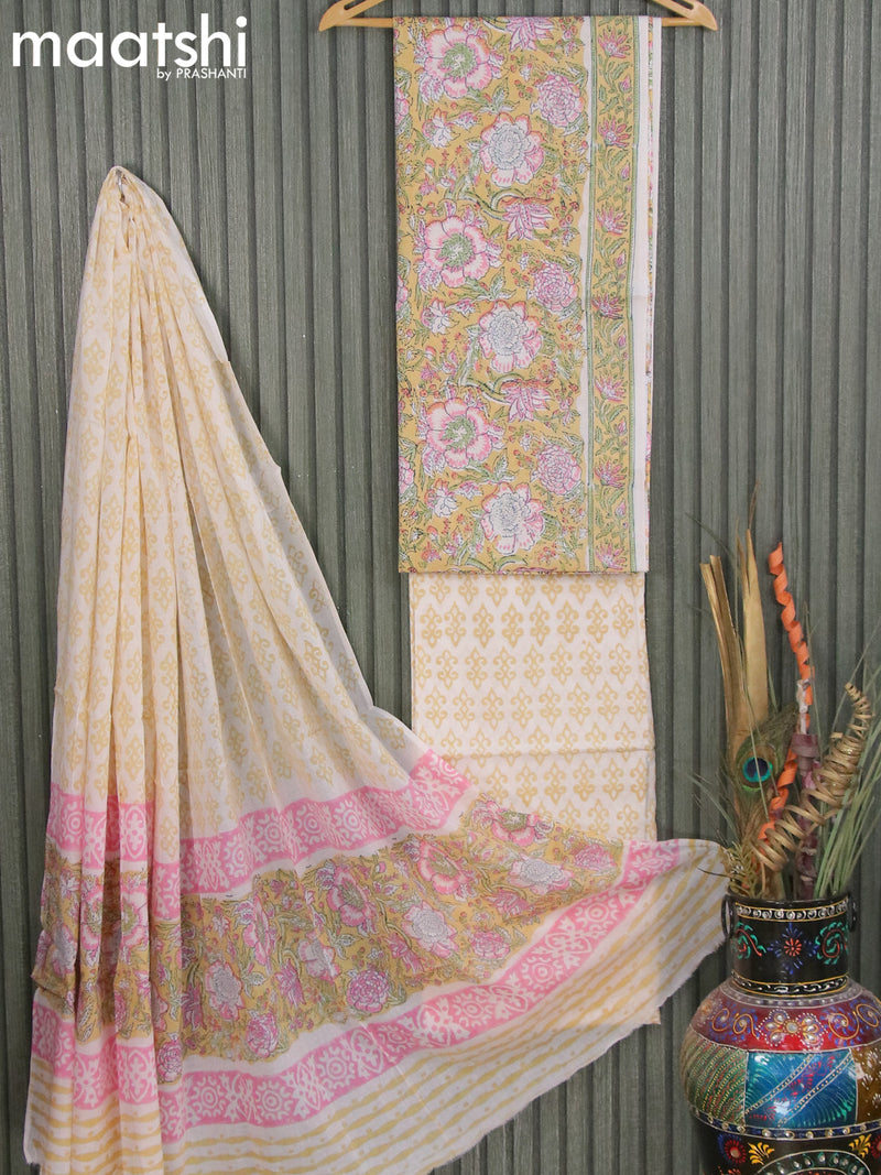 Mul mul cotton dress material pale yellow off white with floral prints and bottom & dupatta