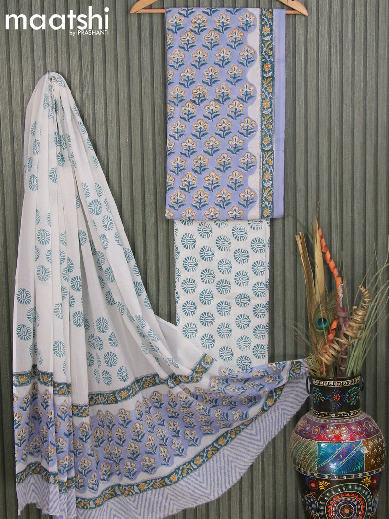 Mul mul cotton dress material blue shade off white with floral butta prints and bottom & dupatta