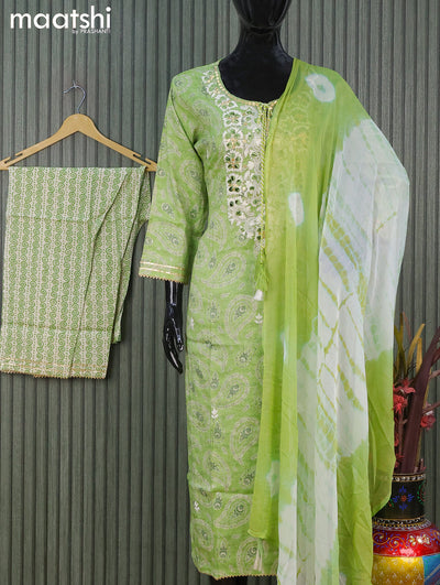 Soft cotton readymade salwar suits light green shade cream with allover prints & floral design embroidery work neck pattern and straight cut pant & chiffon dupatta