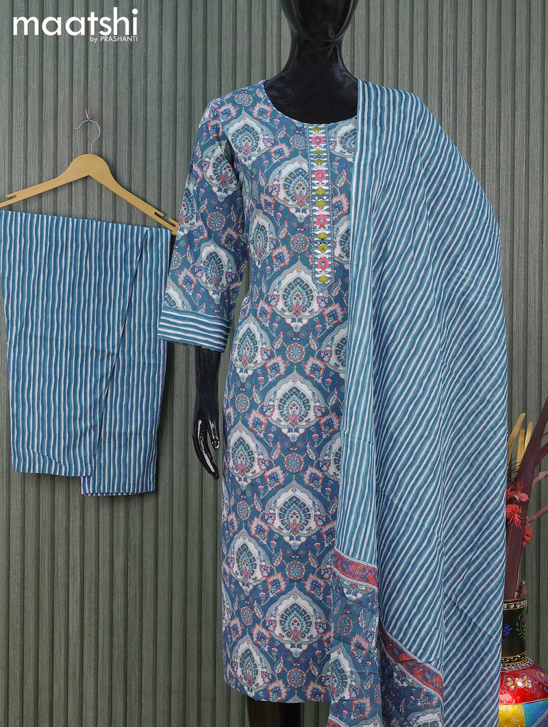 Cotton readymade kurti salwar suits blue with allover prints and straight cut pant & dupatta