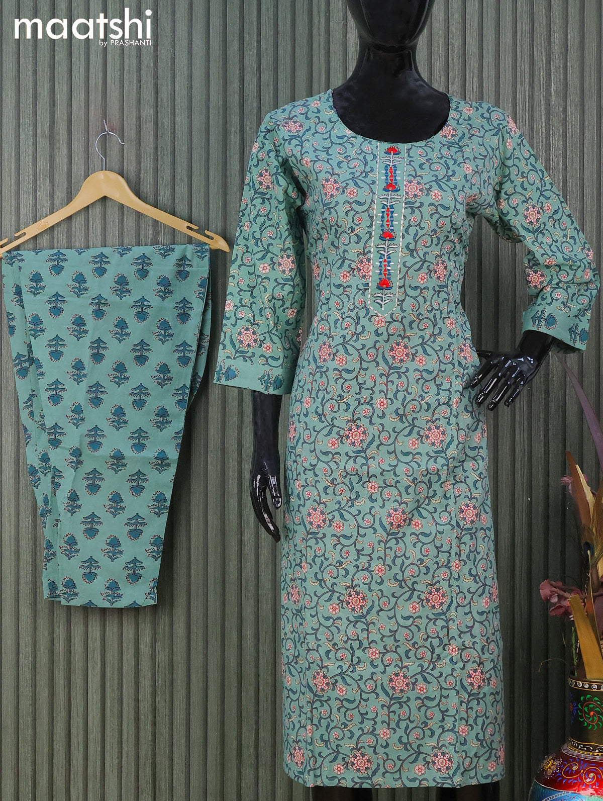 Cotton readymade kurti salwar suits green shade off white with allover floral prints and straight cut pant & dupatta