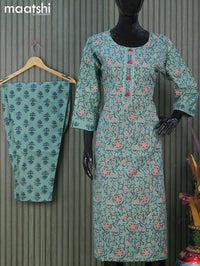 Cotton readymade kurti salwar suits green shade off white with allover floral prints and straight cut pant & dupatta