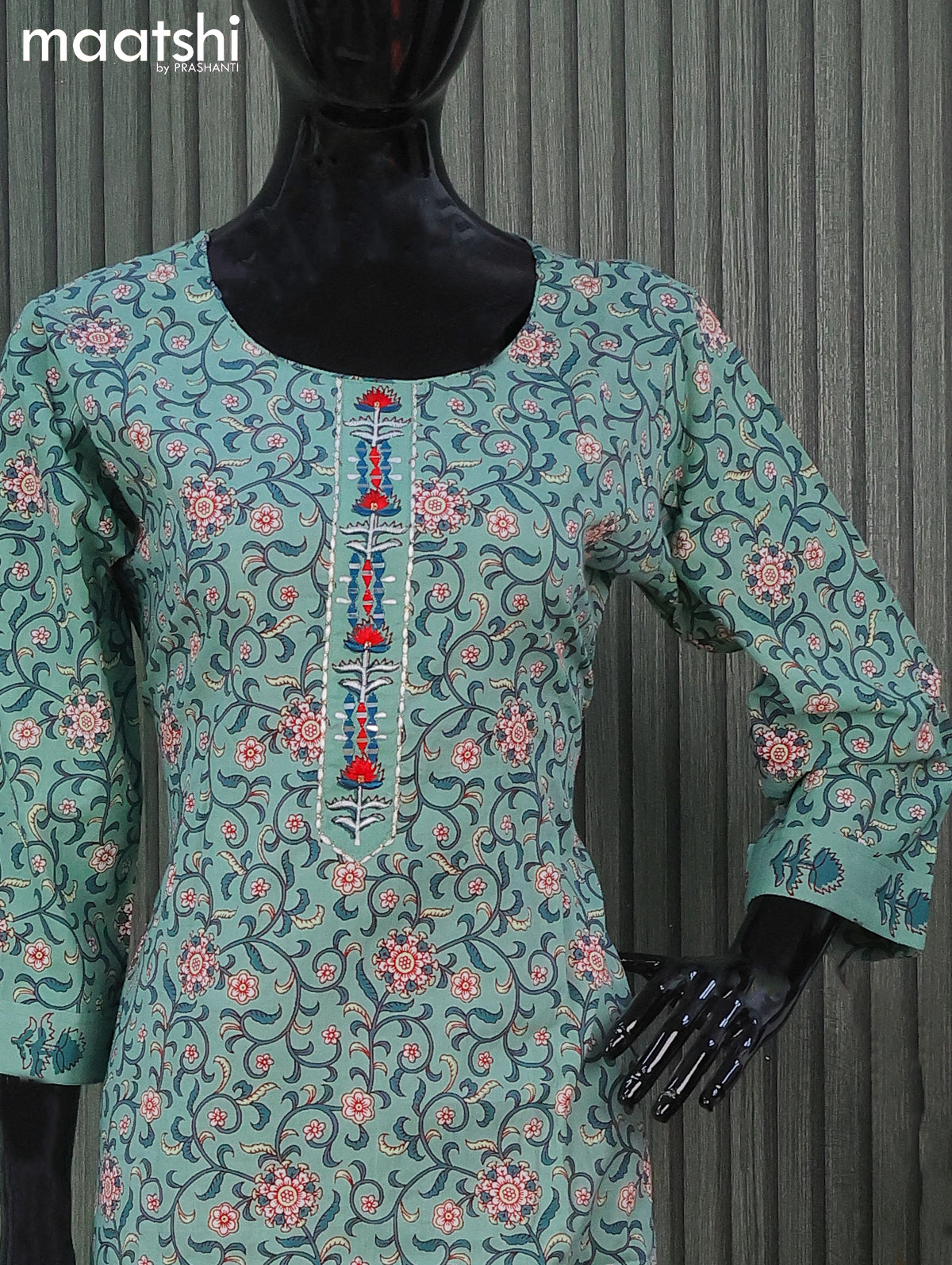 Cotton readymade kurti salwar suits green shade off white with allover floral prints and straight cut pant & dupatta