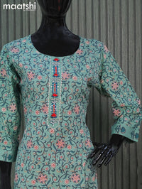 Cotton readymade kurti salwar suits green shade off white with allover floral prints and straight cut pant & dupatta
