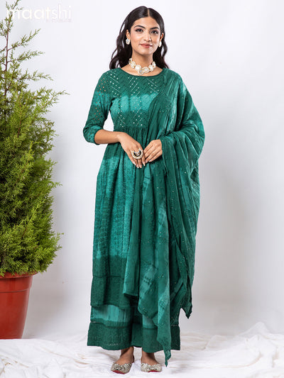 Cotton readymade anarkali salwar suit peacock green with allover beaded hakoba work & potli and palazzo pant & dupatta