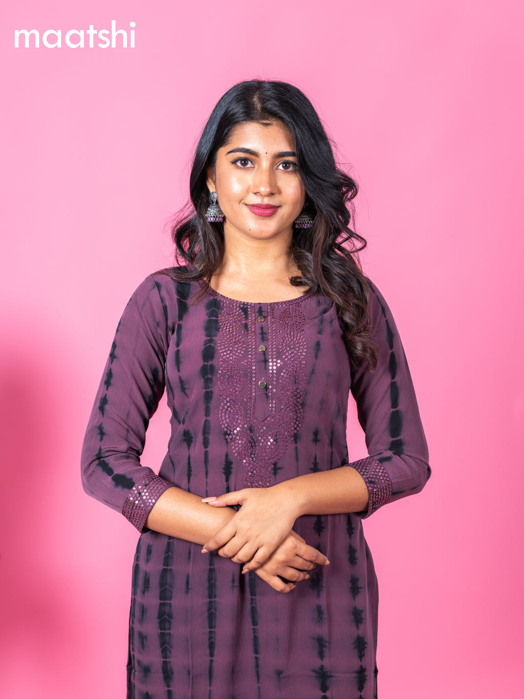 Chiffon kurti wine shade with tie and dye prints & sequin work neck pattern and without pant