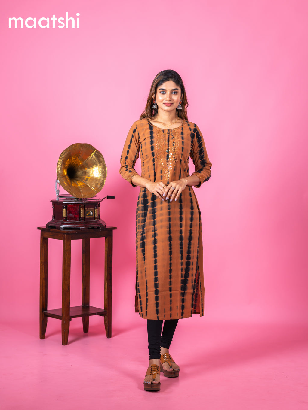 Chiffon kurti rust shade with tie and dye prints & sequin work neck pattern and without pant