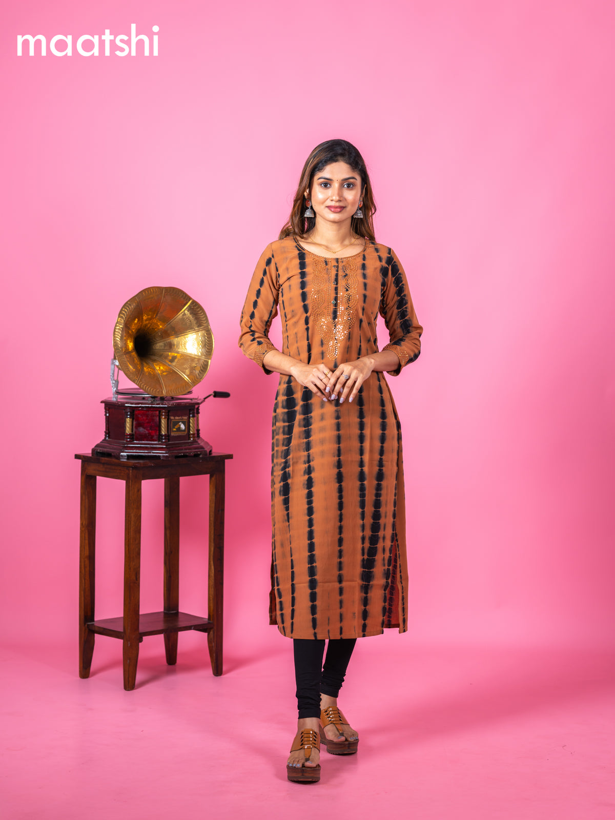Chiffon kurti rust shade with tie and dye prints & sequin work neck pattern and without pant