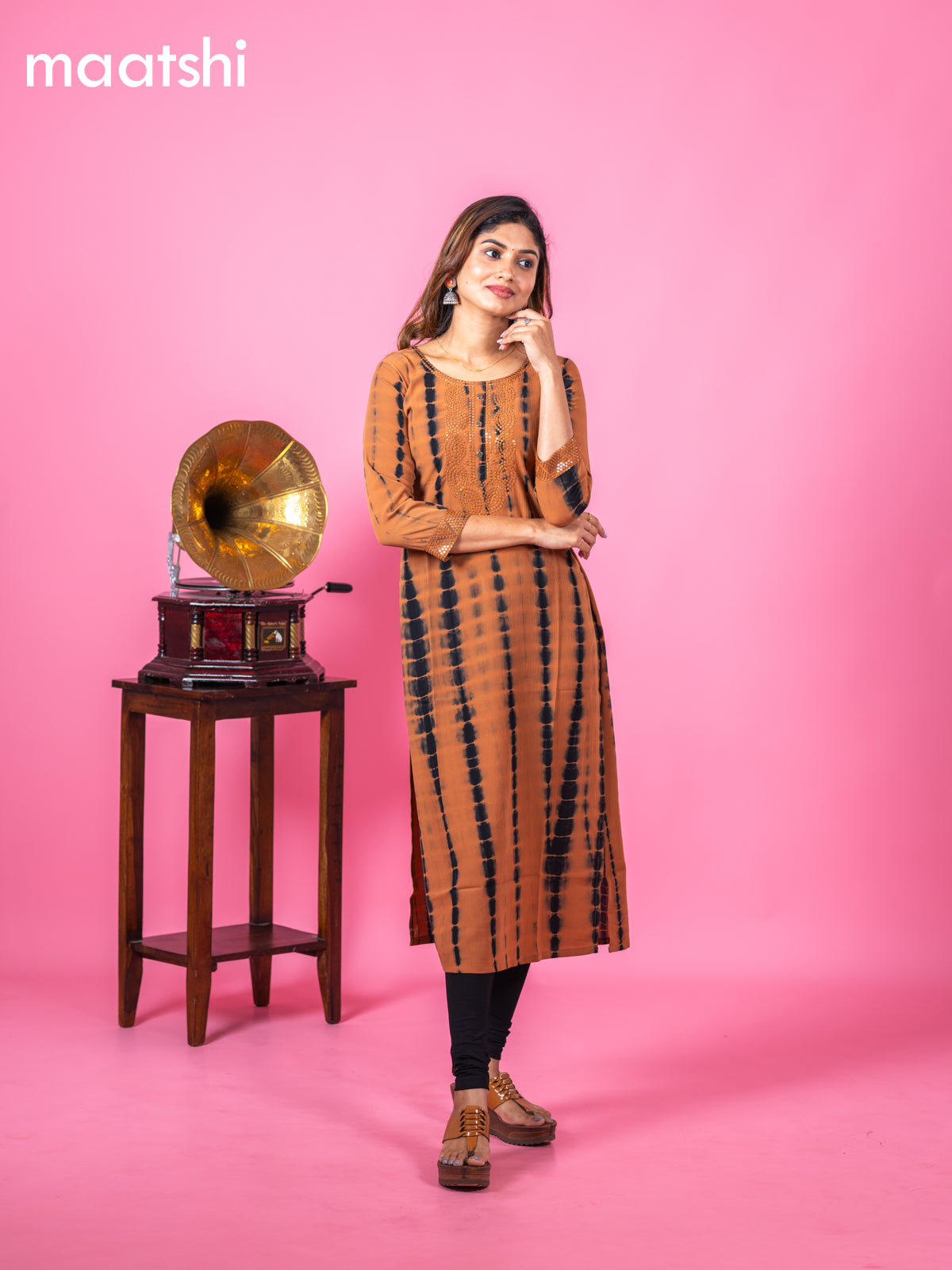 Chiffon kurti rust shade with tie and dye prints & sequin work neck pattern and without pant