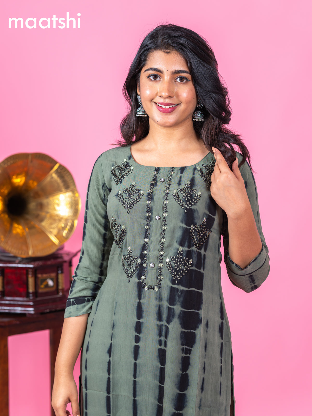 Chiffon kurti pastel green with tie and dye prints & mirror embroidery work neck pattern and without pant
