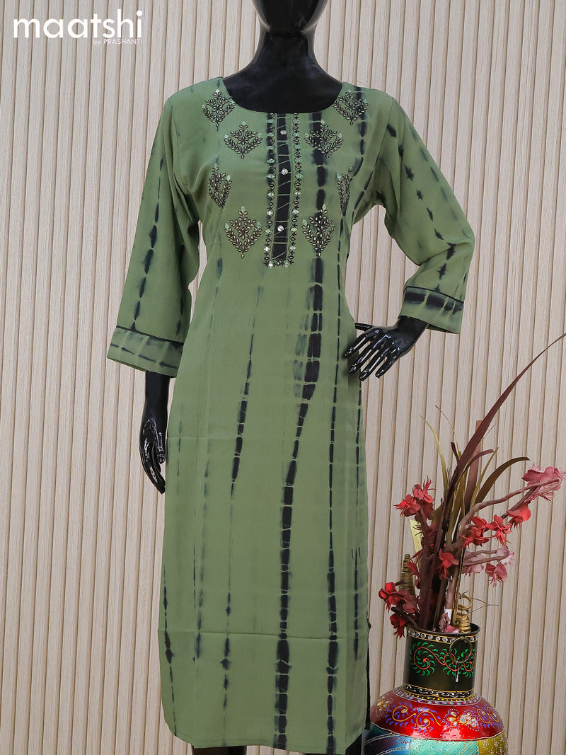 Chiffon readymade kurti pastel green with tie and dye prints & mirror embroidery work neck pattern and without pant