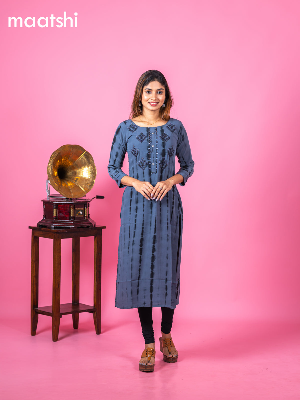Chiffon kurti grey with tie and dye prints & mirror embroidery work neck pattern and without pant