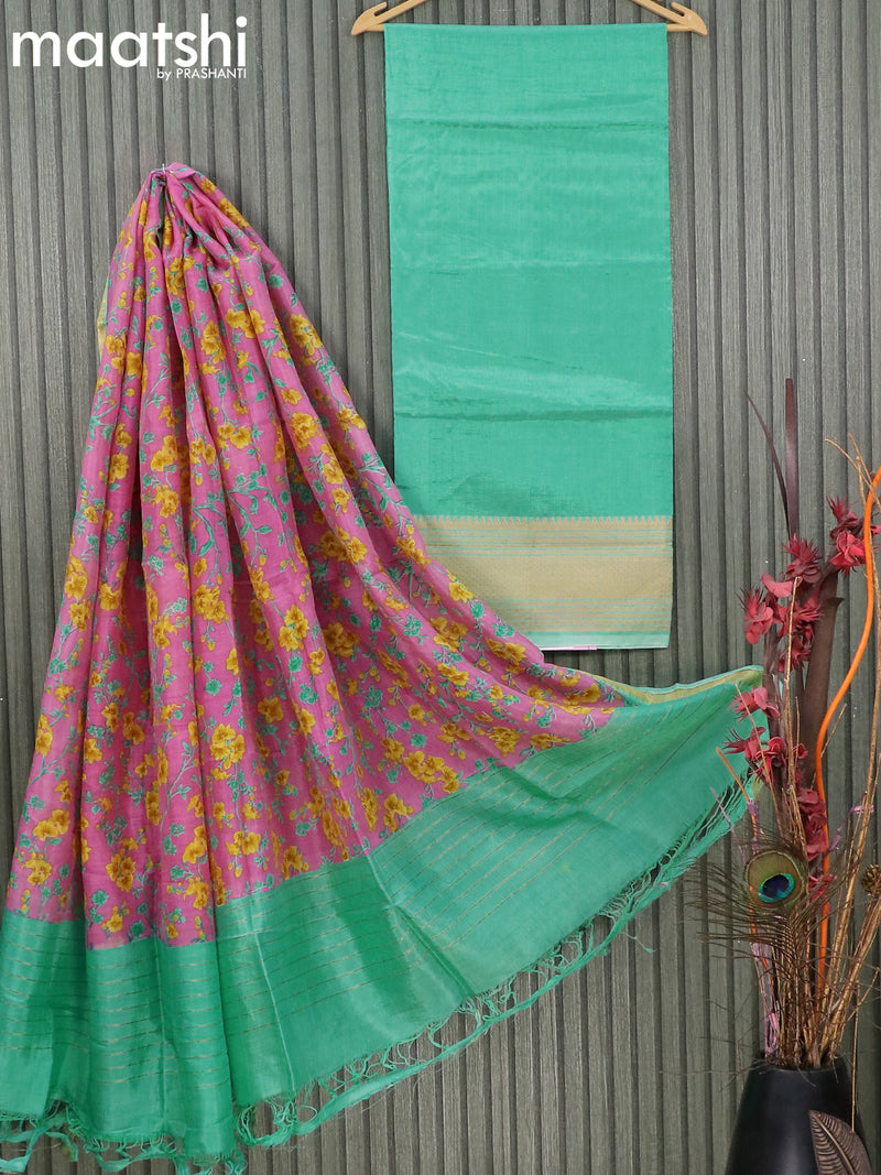 Mangalgiri silk cotton dress material teal green light pink with zari woven border and without bottom & floral design printed dupatta