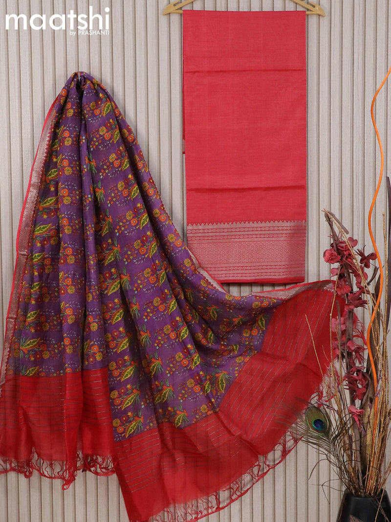 Mangalgiri silk cotton dress material red shade violet with silver zari woven border and without bottom & printed dupatta