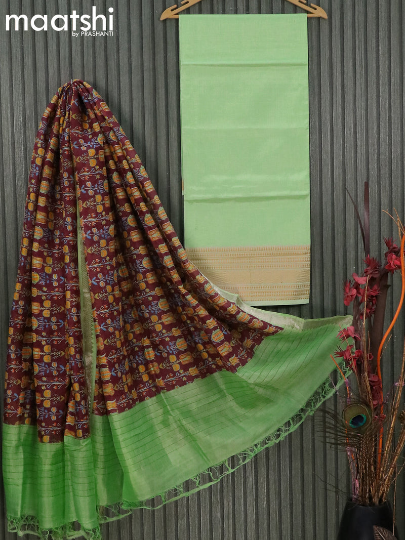 Mangalgiri silk cotton dress material pista green maroon with zari woven border and without bottom & printed dupatta