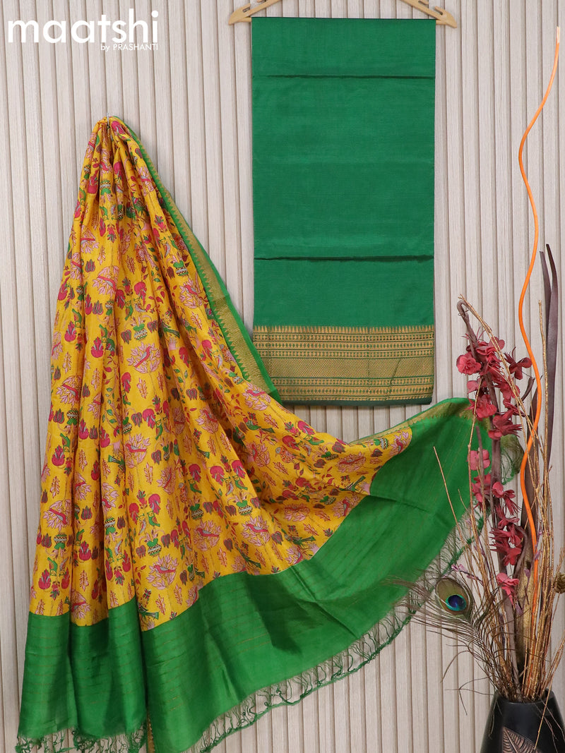 Mangalgiri silk cotton dress material green yellow with zari woven border and without bottom & printed dupatta