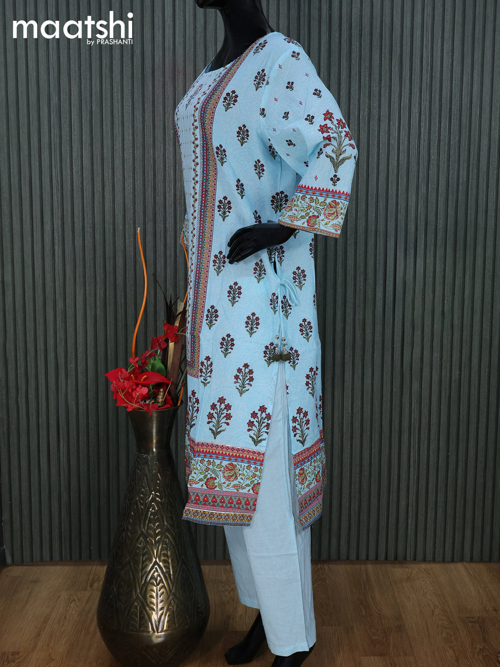 Cotton readymade salwar suit light blue with floral prints & sequin work neck pattern and straight cut pant & cotton dupatta