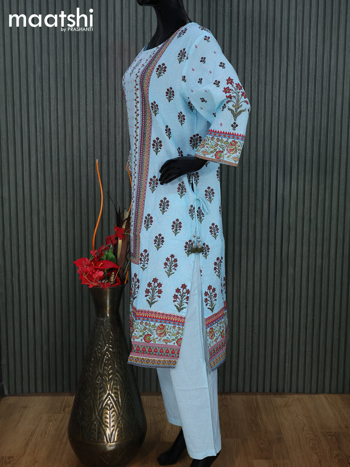 Cotton readymade salwar suit light blue with floral prints & sequin work neck pattern and straight cut pant & cotton dupatta