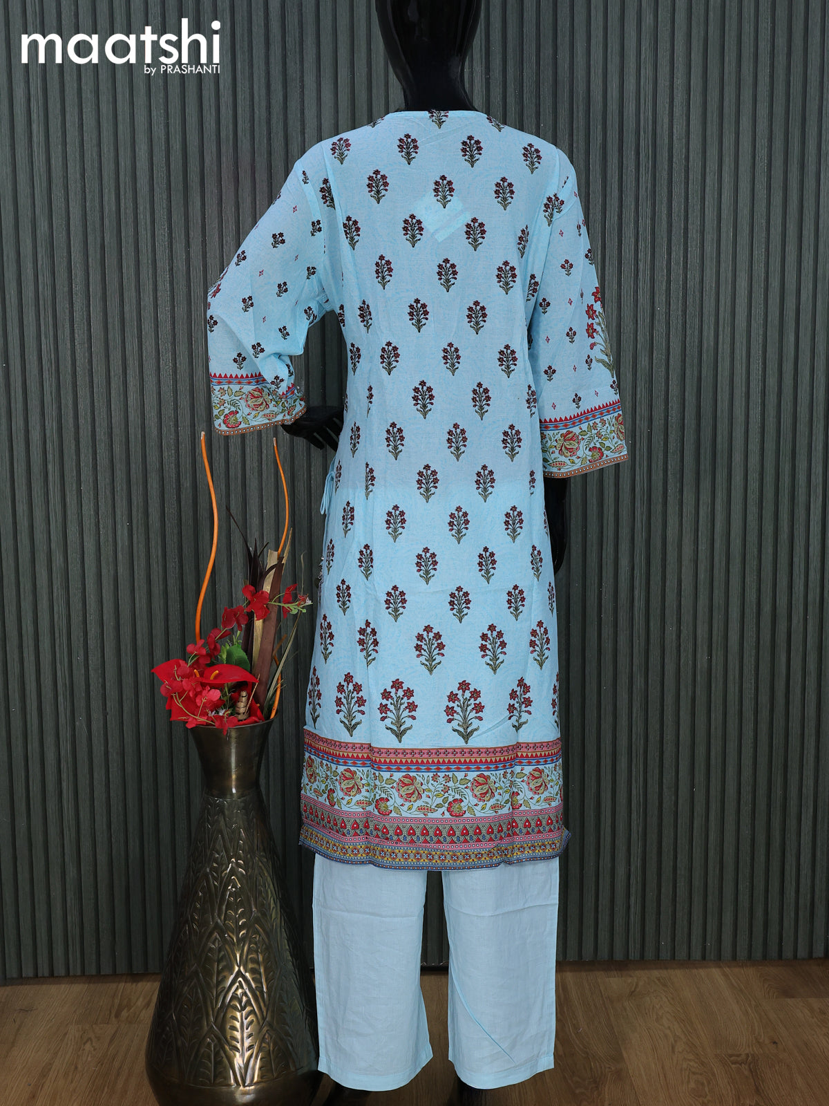 Cotton readymade salwar suit light blue with floral prints & sequin work neck pattern and straight cut pant & cotton dupatta