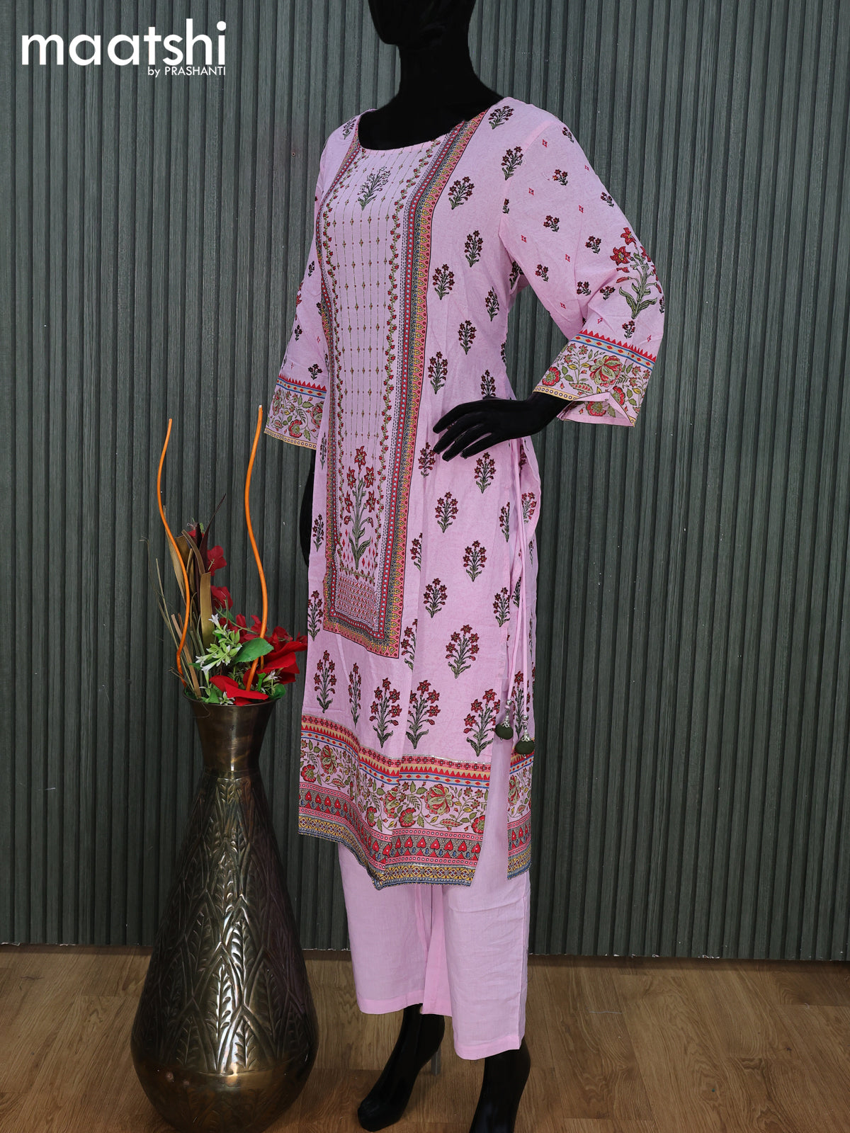 Cotton readymade salwar suit light pink with floral prints & sequin work neck pattern and straight cut pant & cotton dupatta
