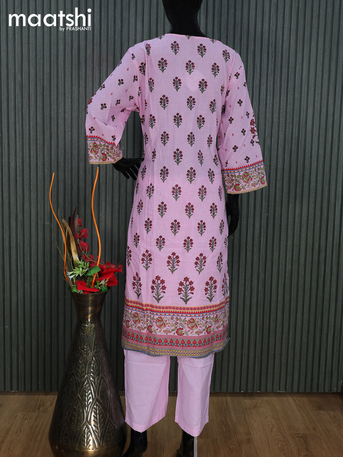 Cotton readymade salwar suit light pink with floral prints & sequin work neck pattern and straight cut pant & cotton dupatta