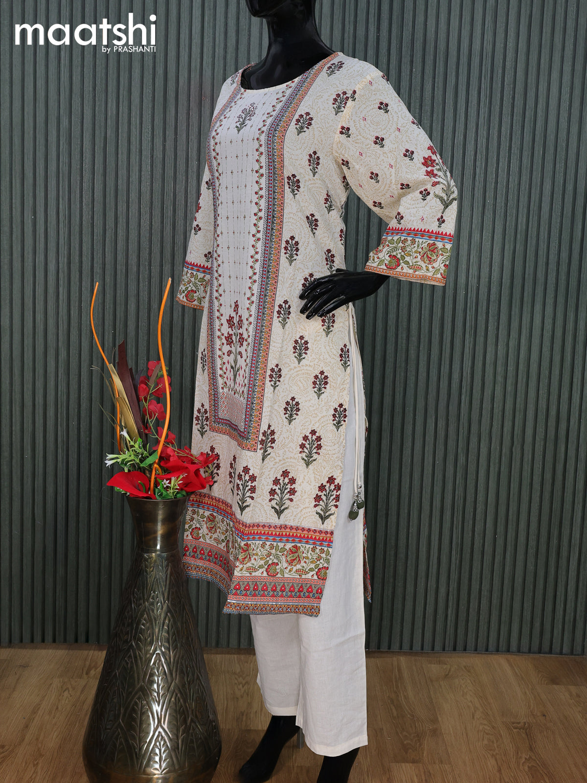 Cotton readymade salwar suit cream with floral prints & sequin work neck pattern and straight cut pant & cotton dupatta
