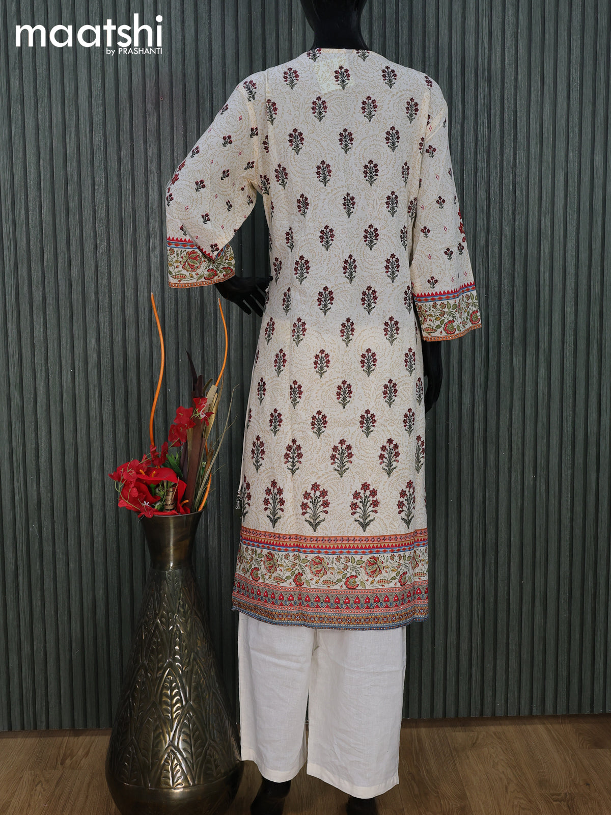 Cotton readymade salwar suit cream with floral prints & sequin work neck pattern and straight cut pant & cotton dupatta