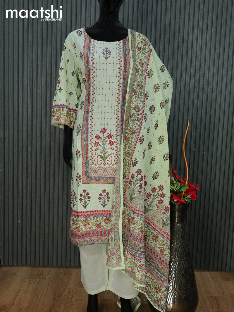 Cotton readymade salwar suit pista green with floral prints & sequin work neck pattern and straight cut pant & cotton dupatta