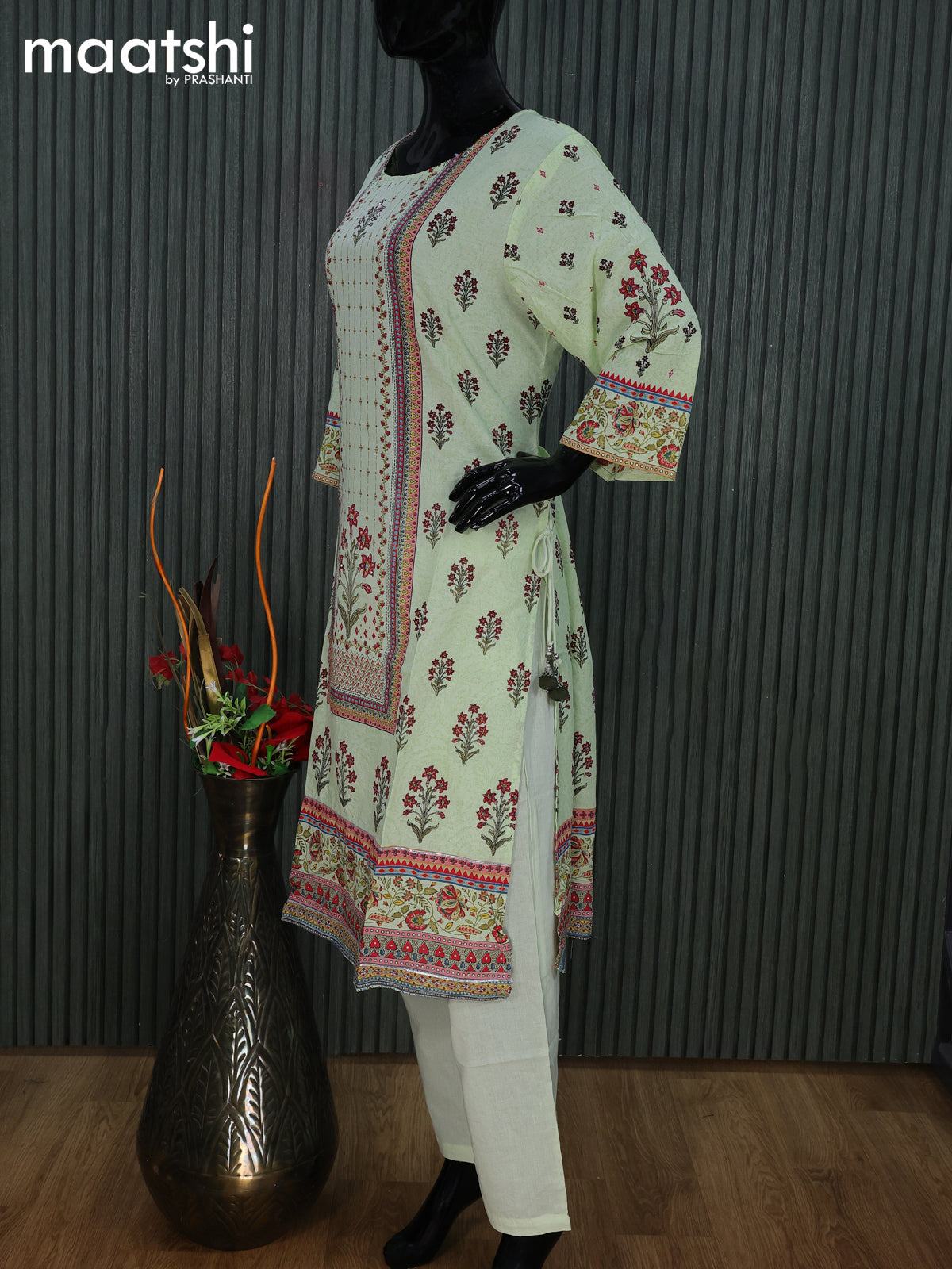 Cotton readymade salwar suit pista green with floral prints & sequin work neck pattern and straight cut pant & cotton dupatta