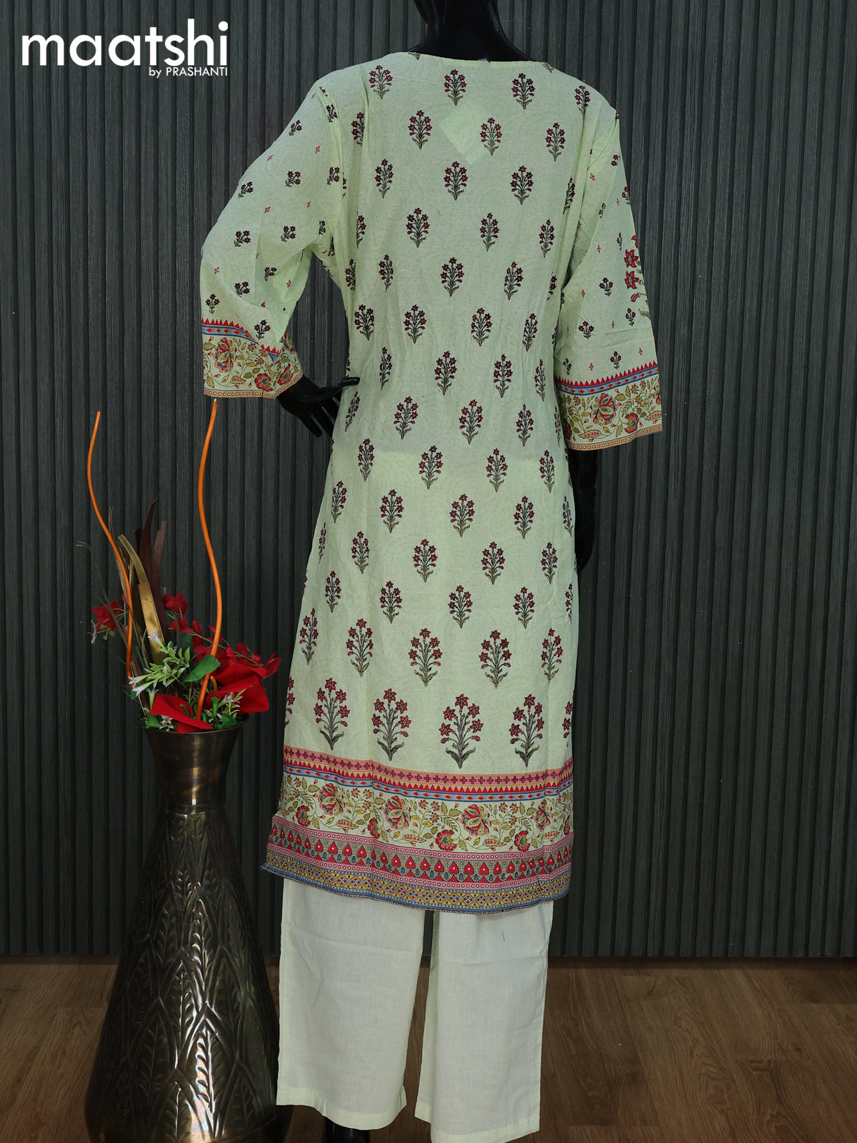 Cotton readymade salwar suit pista green with floral prints & sequin work neck pattern and straight cut pant & cotton dupatta