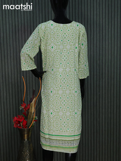 Cotton readymade kurti pista green and off white with allover geometric prints & embroidery work without pant