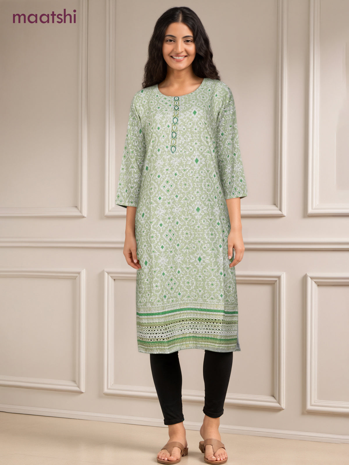 Cotton readymade kurti pista green and off white with allover geometric prints & embroidery work without pant