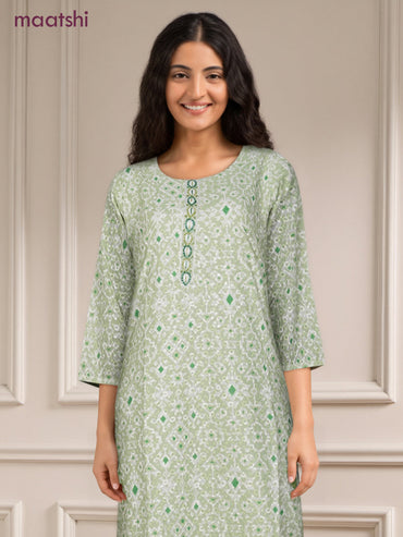 Cotton readymade kurti pista green and off white with allover geometric prints & embroidery work without pant